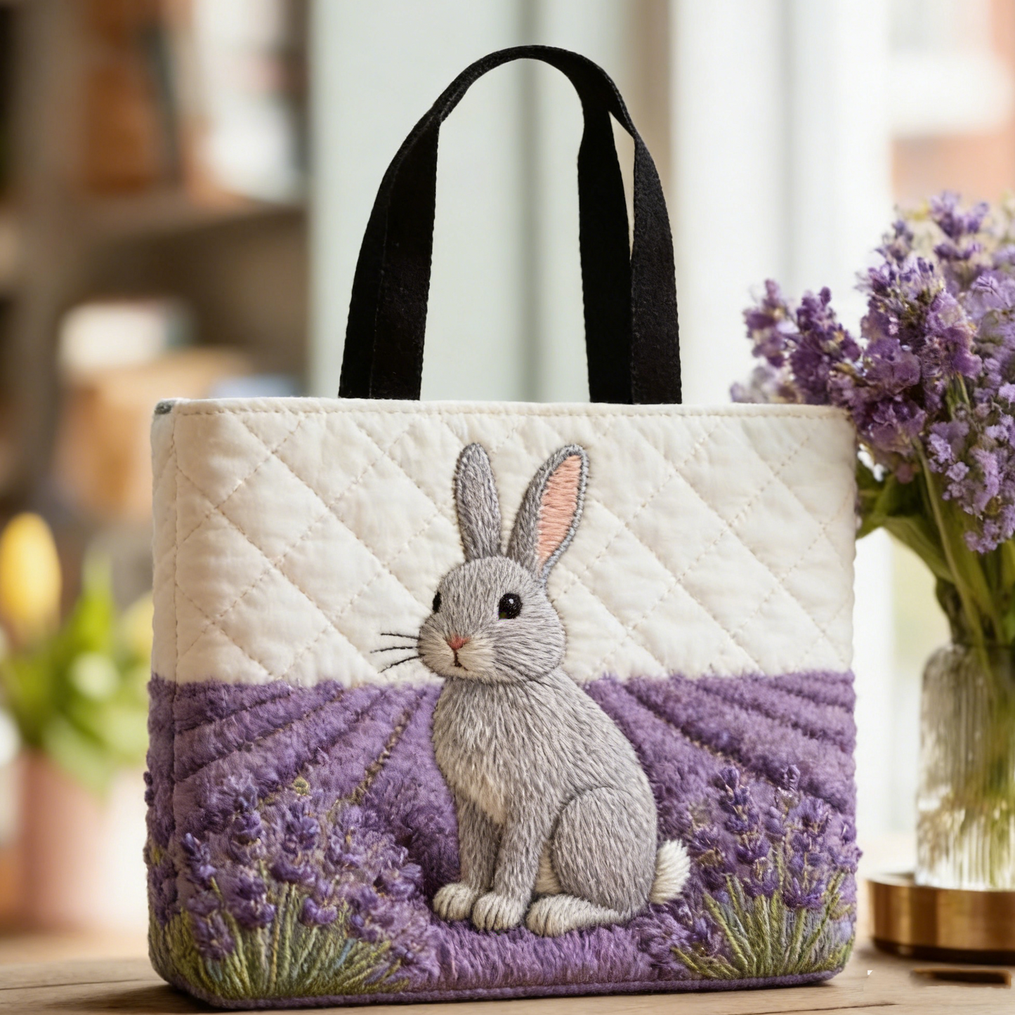 Stitched Lavender Bunny : Soft Purple & White Style with Romantic Vibes Quilted Tote Bag