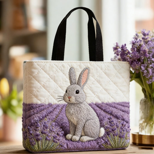 Stitched Lavender Bunny Quilted Tote Bag: Soft Purple & White Style with Romantic Vibes