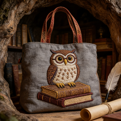 Stitched Scholar Owl Quilted Tote Bag