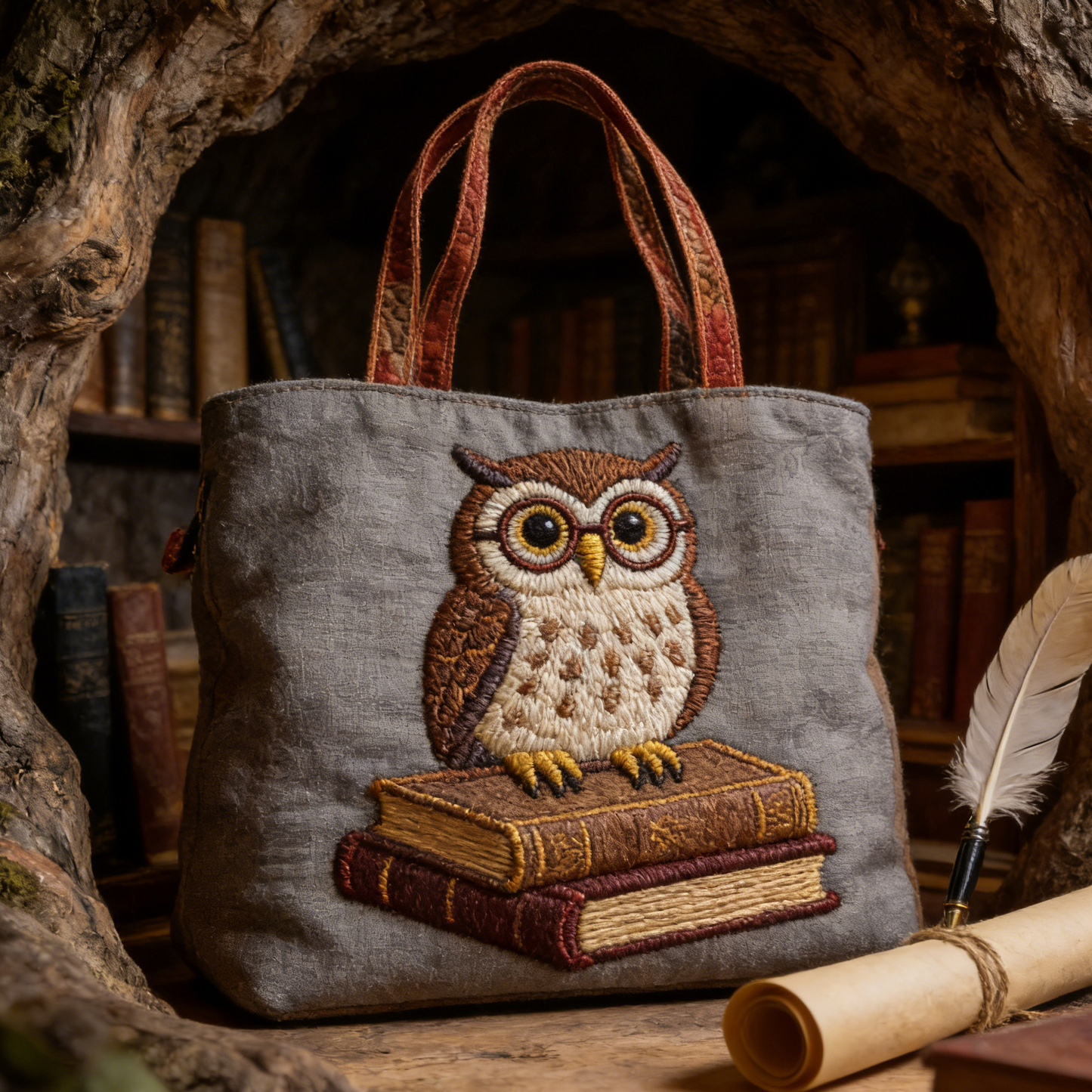Stitched Scholar Owl Quilted Tote Bag