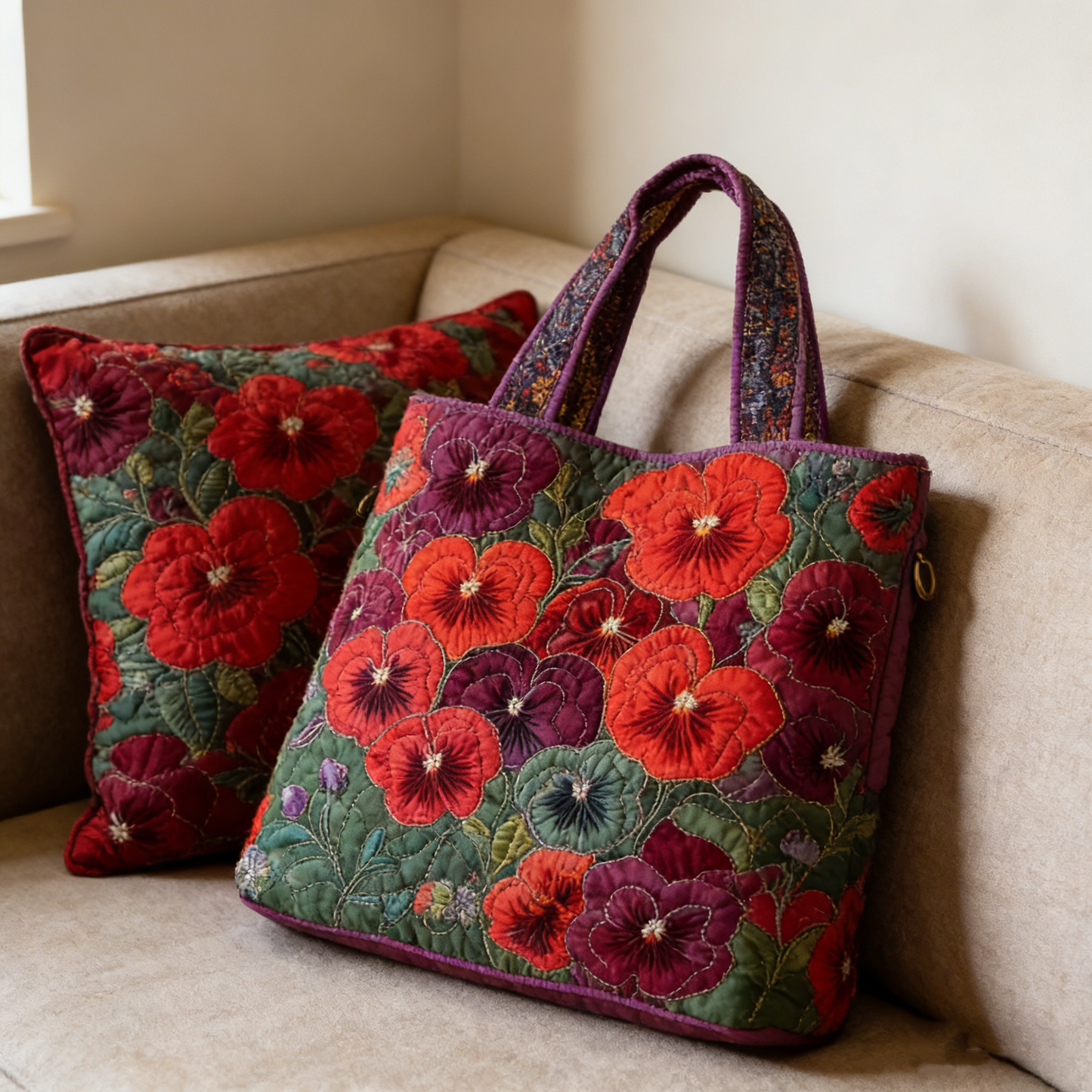 Red Purple Pansy Quilted Tote Bag