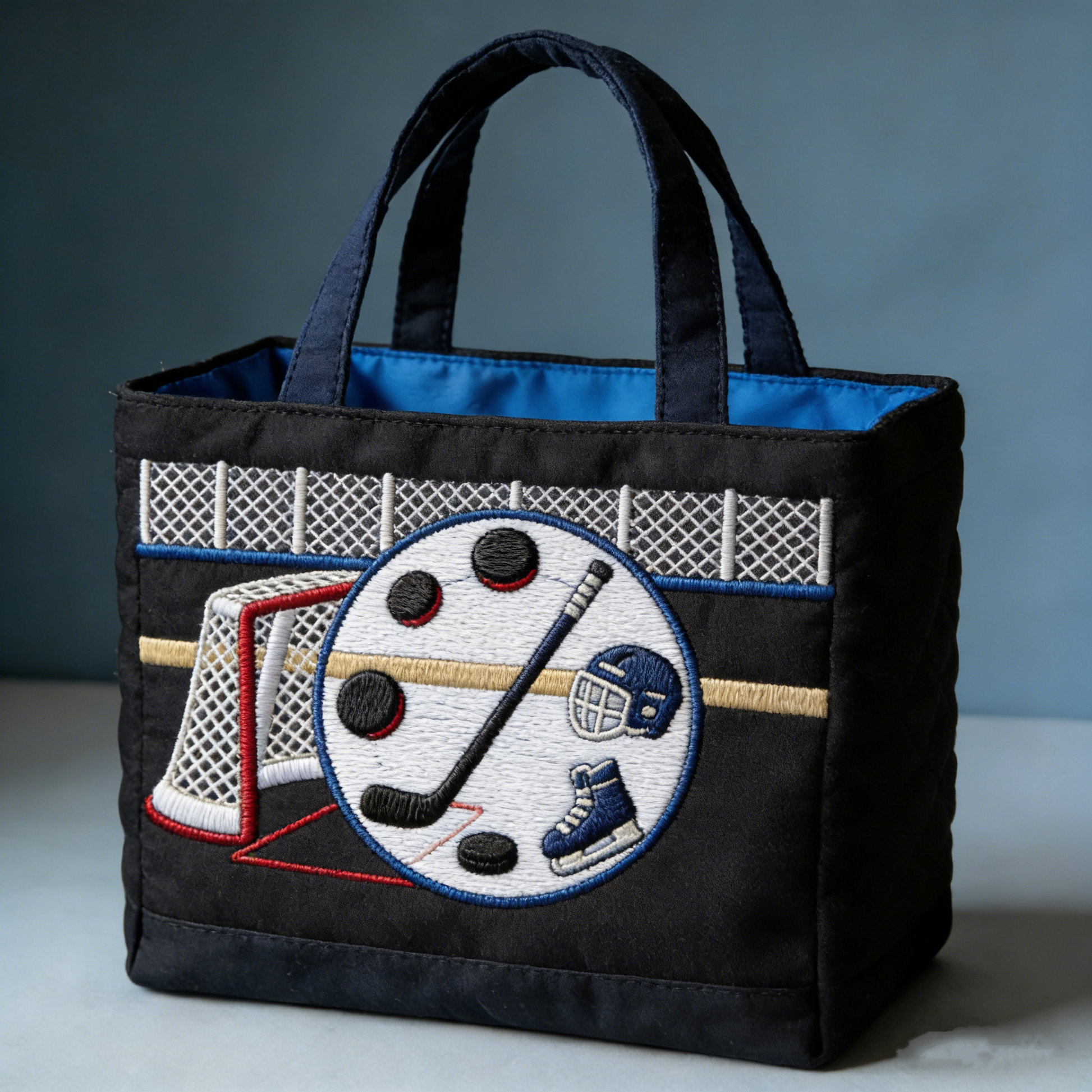 Handmade Quilted Sporty Tote Bag, Hockey Pattern Fabric Shoulder Handbag