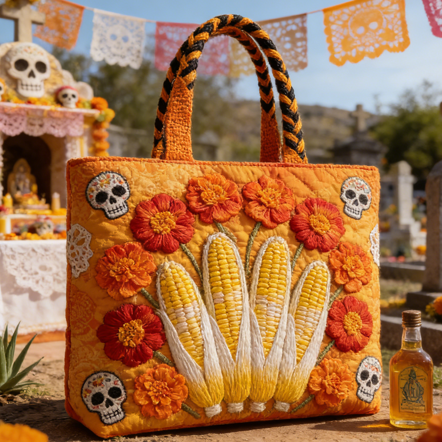 Day of the Dead Corn & Marigold Quilted Tote Bag