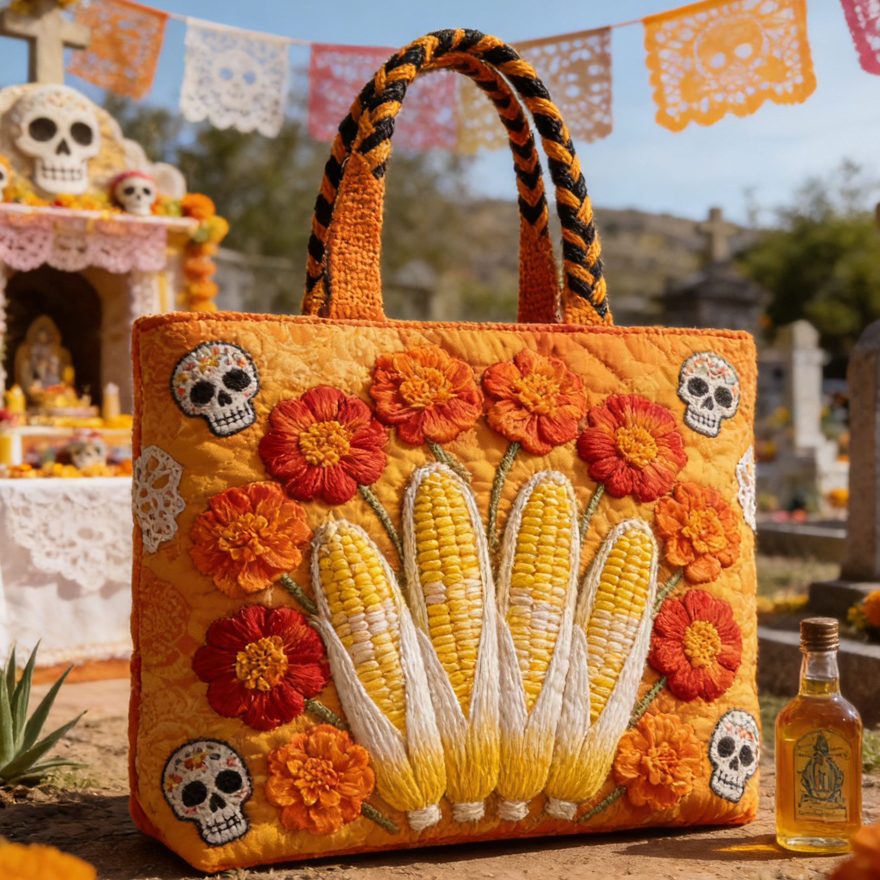 Day of the Dead Corn & Marigold Quilted Tote Bag