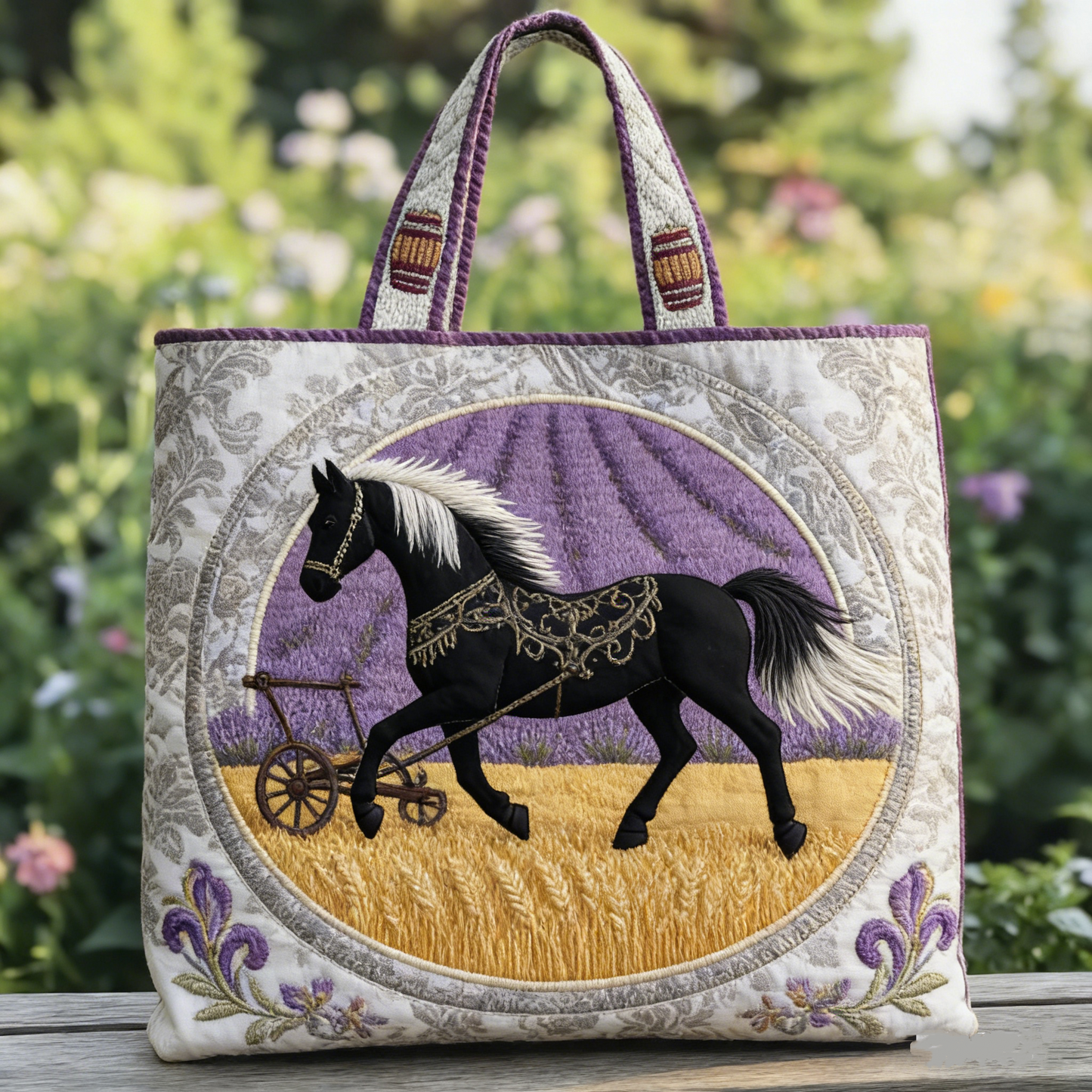 Quilted French Lavender Field Steed Tote Bag Quilted Tote Bag