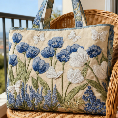 Quilted Blue Floral & Butterfly Tote Bag Quilted Tote Bag