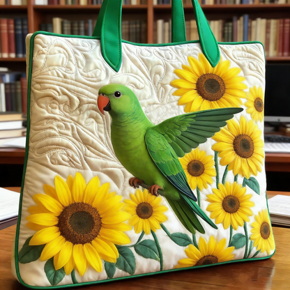 Green Parrot Sunflower Quilted Tote Bag