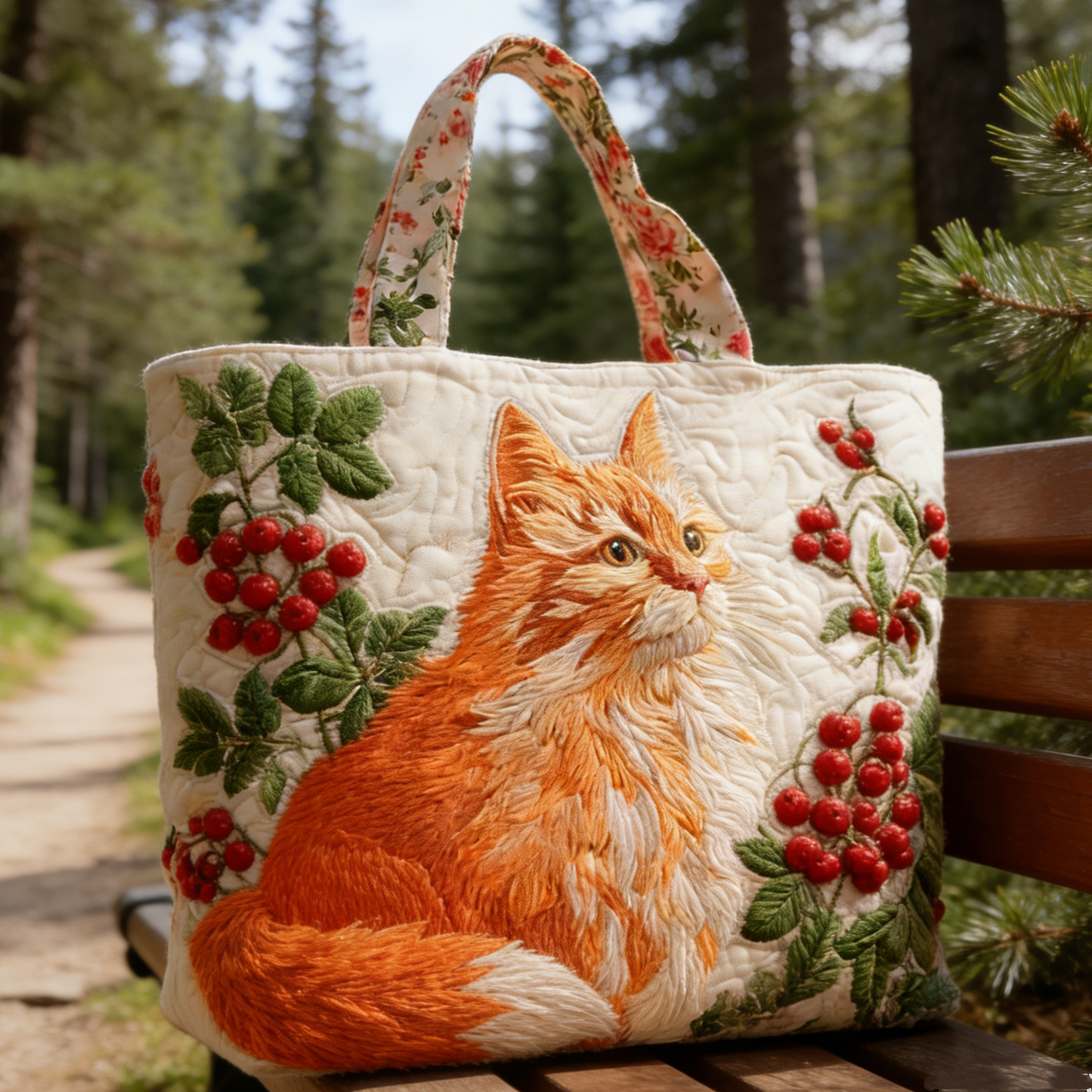Ginger Cat & Berry atzn1473 Quilted Tote Bag