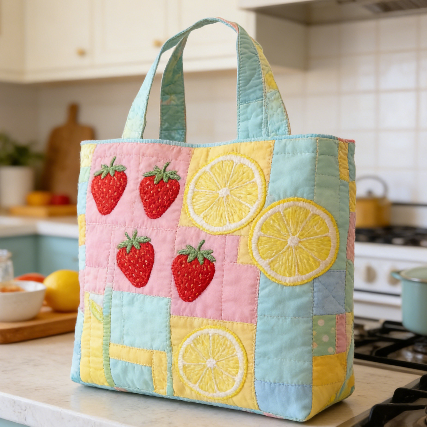 Strawberry Lemon Quilted Tote Bag