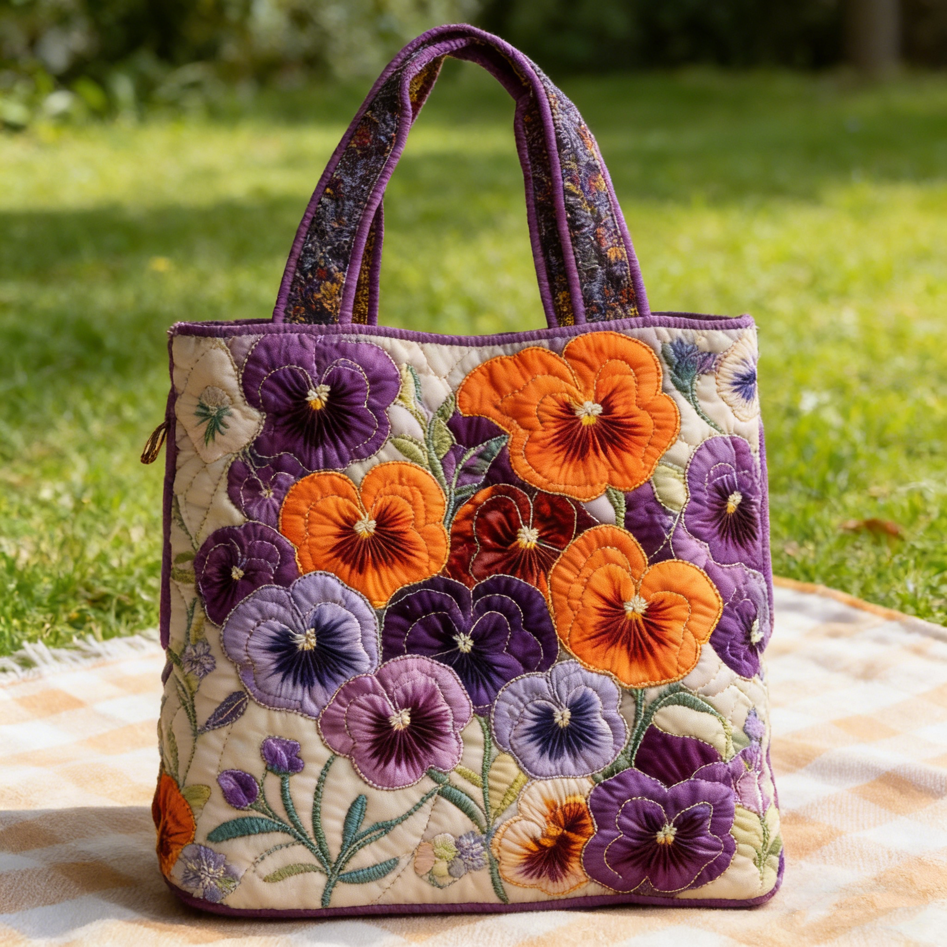 Purple-Orange Pansy Quilted Tote Bag