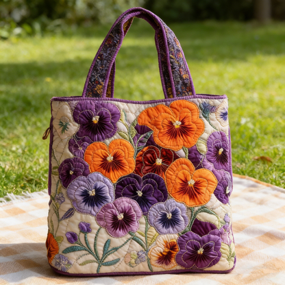 Purple Orange Pansy Quilted Tote Bag