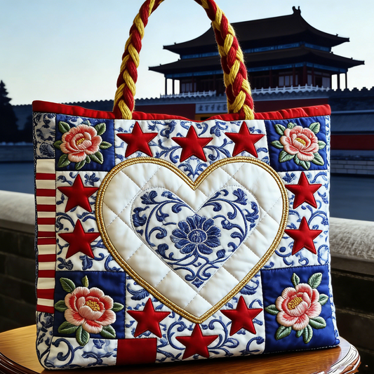 Quilted Chinese Cultural Heart Tote Bag
