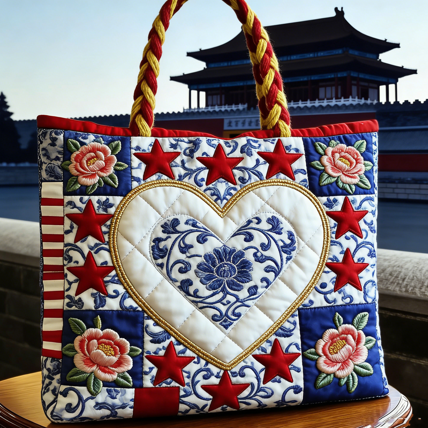 Quilted Chinese Cultural Heart Tote Bag Quilted Tote Bag