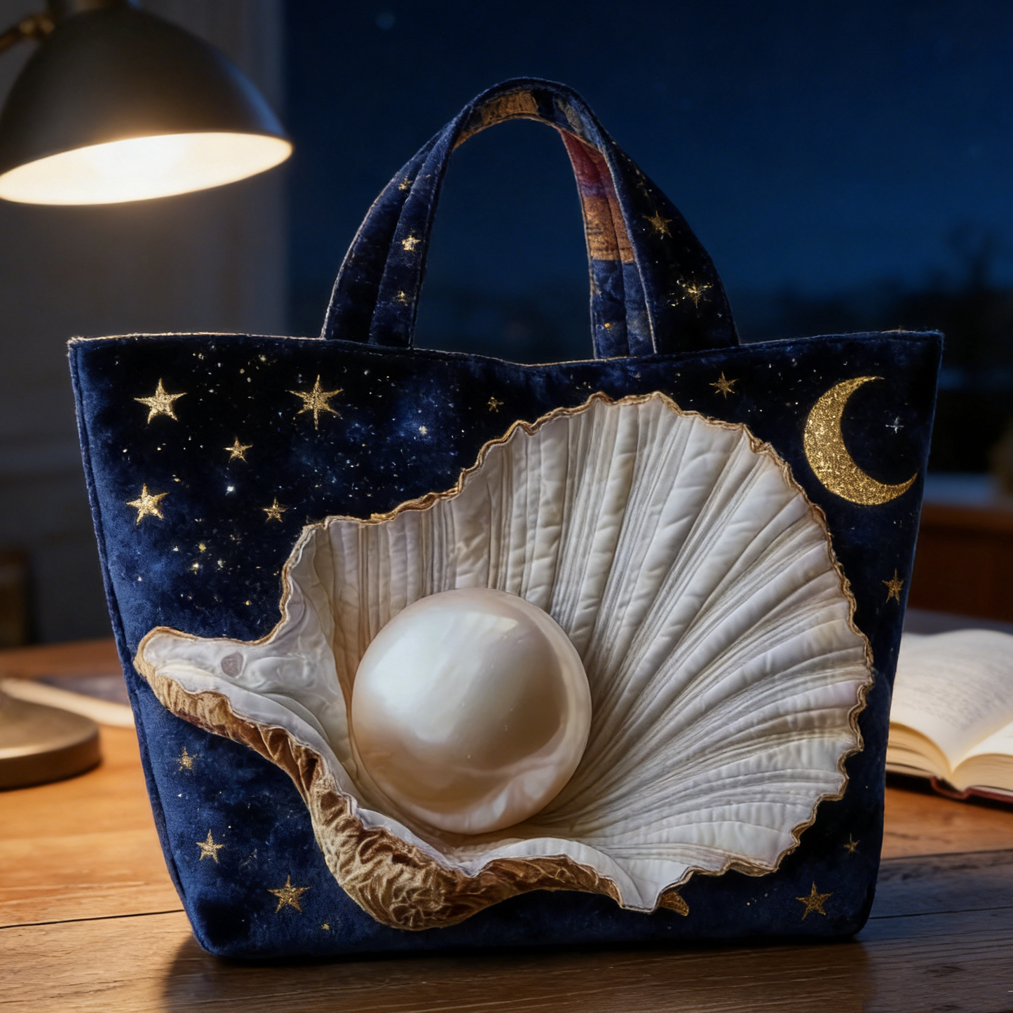 Starry Night Pearl & Shell Quilted Tote Bag
