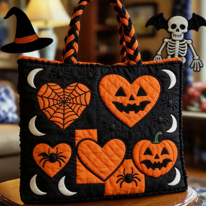 Quilted Halloween Pumpkin Heart Tote Bag Quilted Tote Bag