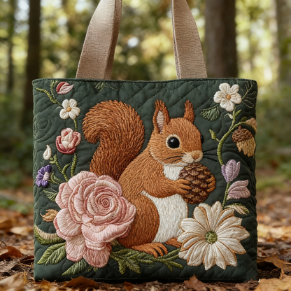 Squirrel & Floral Quilted Tote Bag