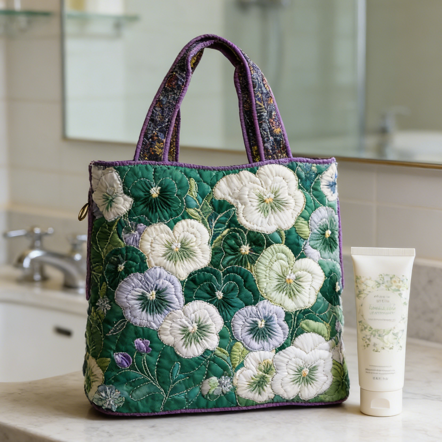 Fresh Green Pansy Quilted Tote Bag