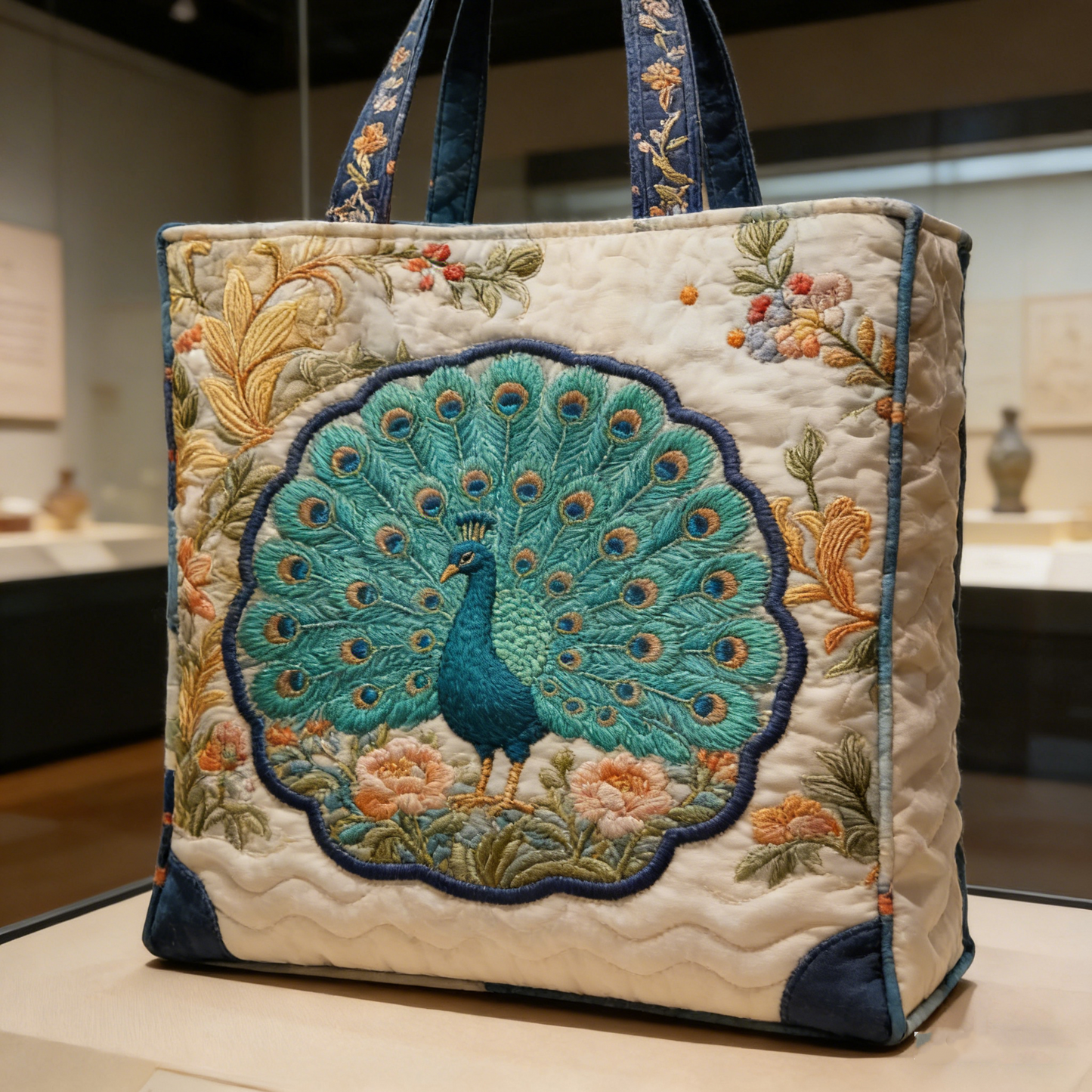 Peacock & Floral Quilted Tote Bag