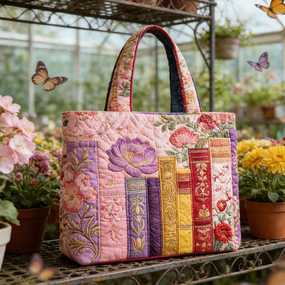 Floral Book Stack Quilted Tote Bag