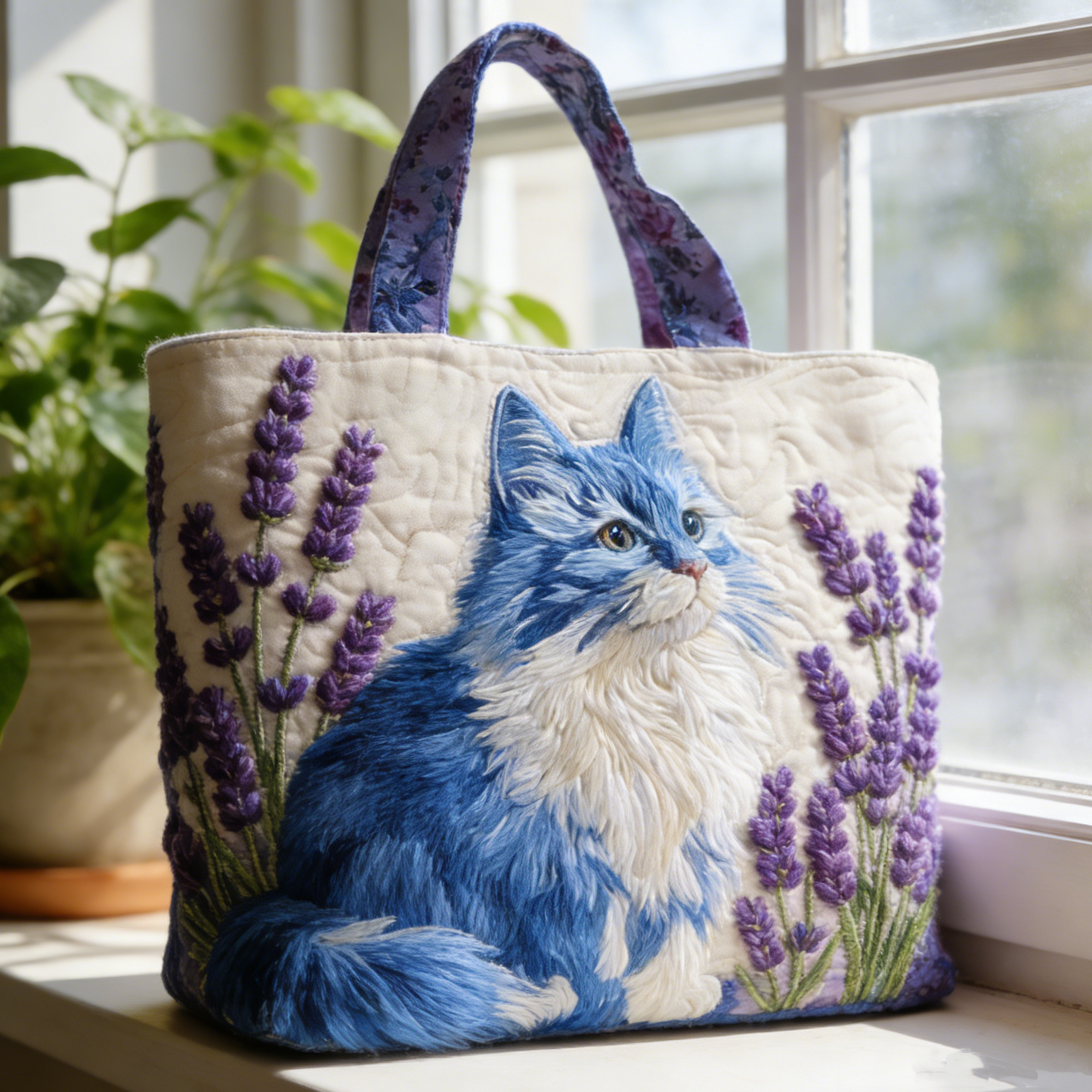 Blue Cat & Lavender Quilted Tote Bag mfdx2759