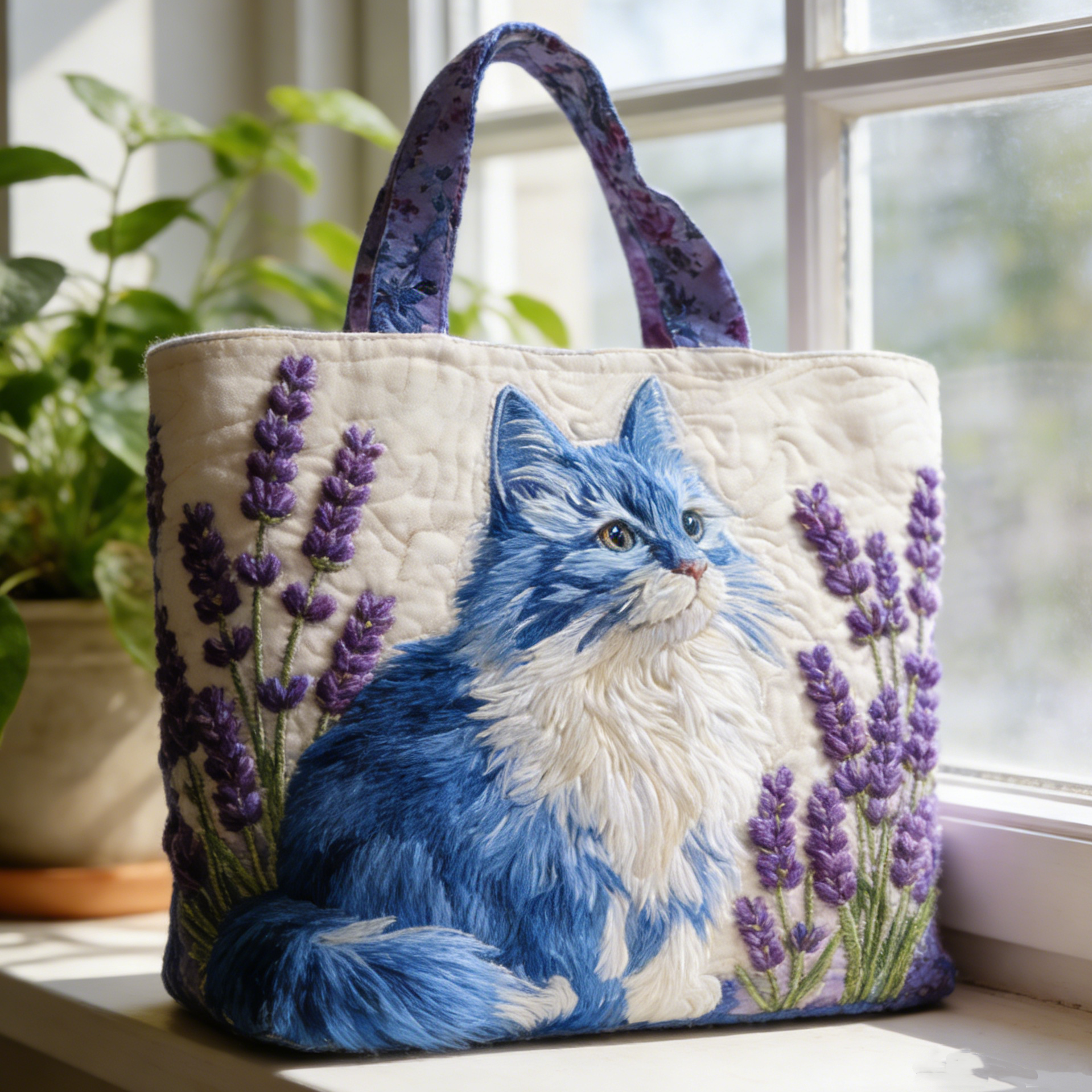 Blue Cat & Lavender Quilted Tote Bag mfdx2759