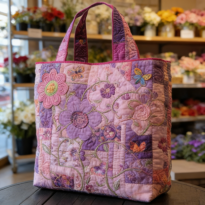 Pink Purple Floral Quilted Tote Bag