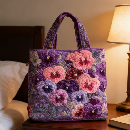Purple-Pink Pansy  Quilted Tote Bag