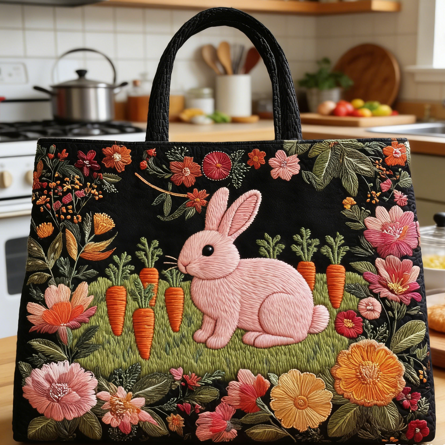 Bunny-Carrot Floral Quilted Tote Bag