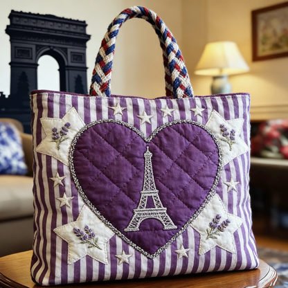 Quilted Parisian Lavender Heart Tote Bag Quilted Tote Bag