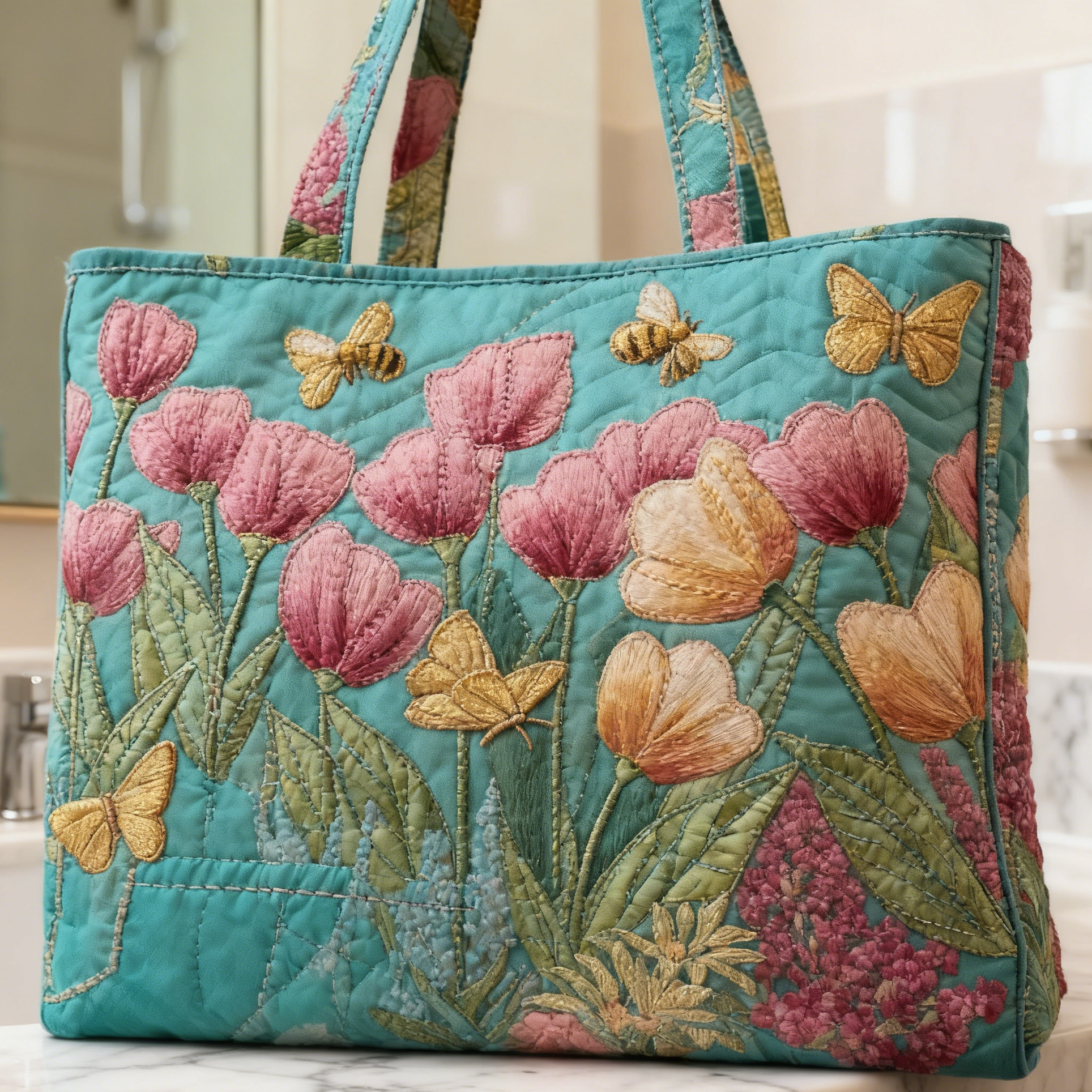 Teal Pink Tulip Quilted Tote Bag