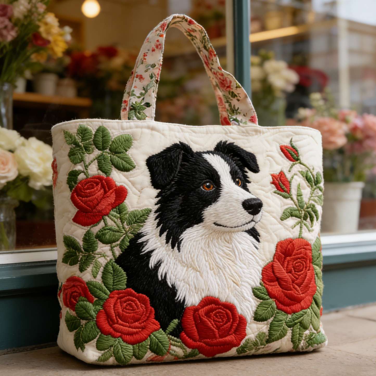 Border Collie & Rose lqpw8136 Quilted Tote Bag