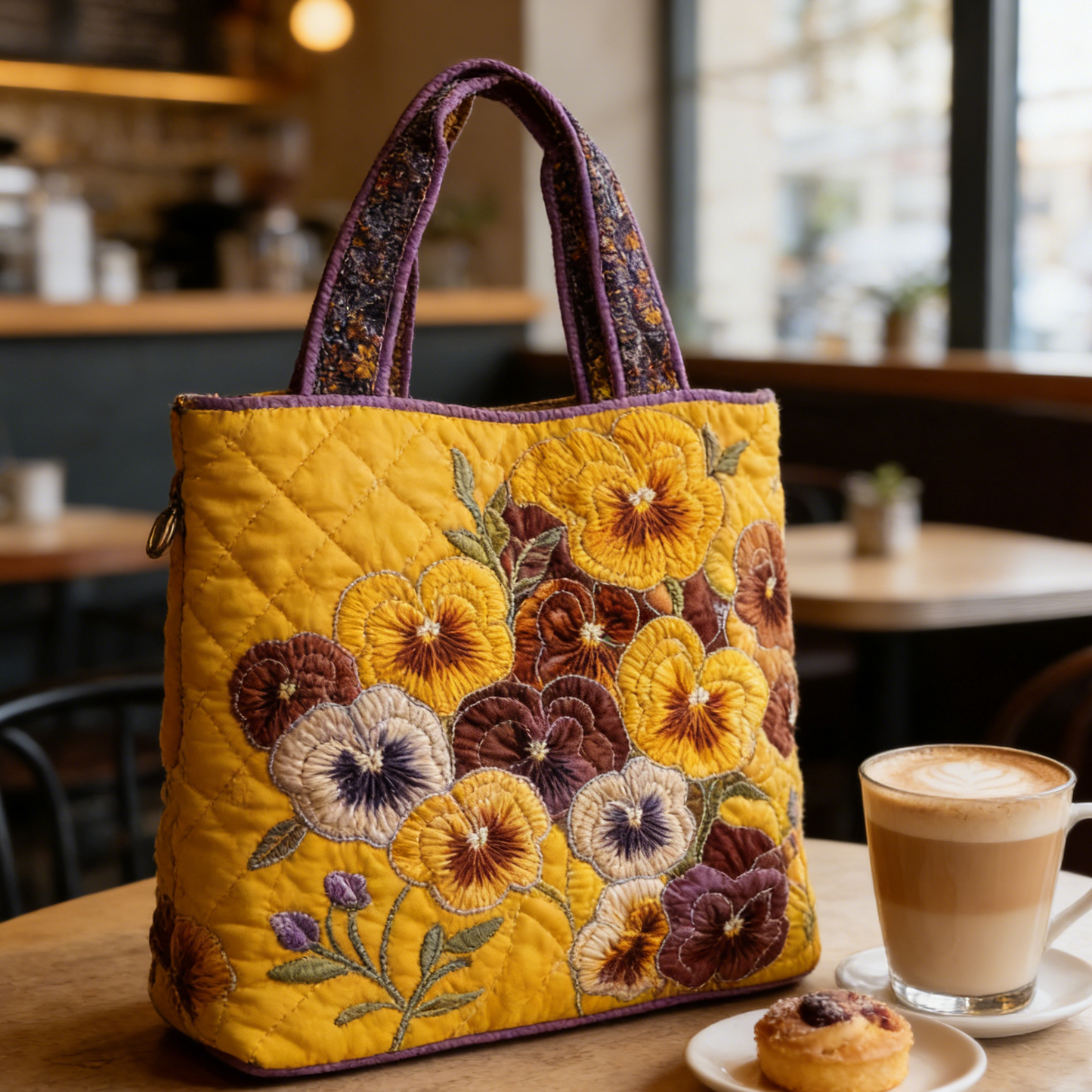 Yellow & Purple-Brown Pansy Quilted Tote Bag