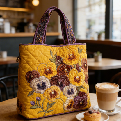 Yellow & Purple Brown Pansy Quilted Tote Bag