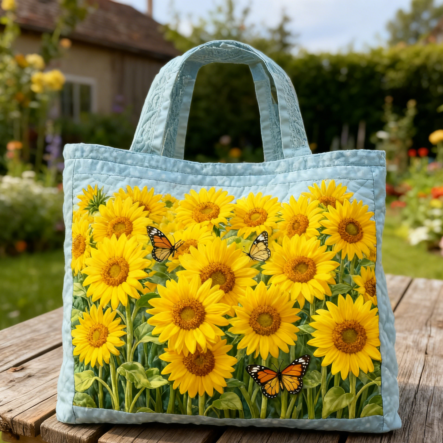 Pale Blue Sunflower Quilted Tote Bag