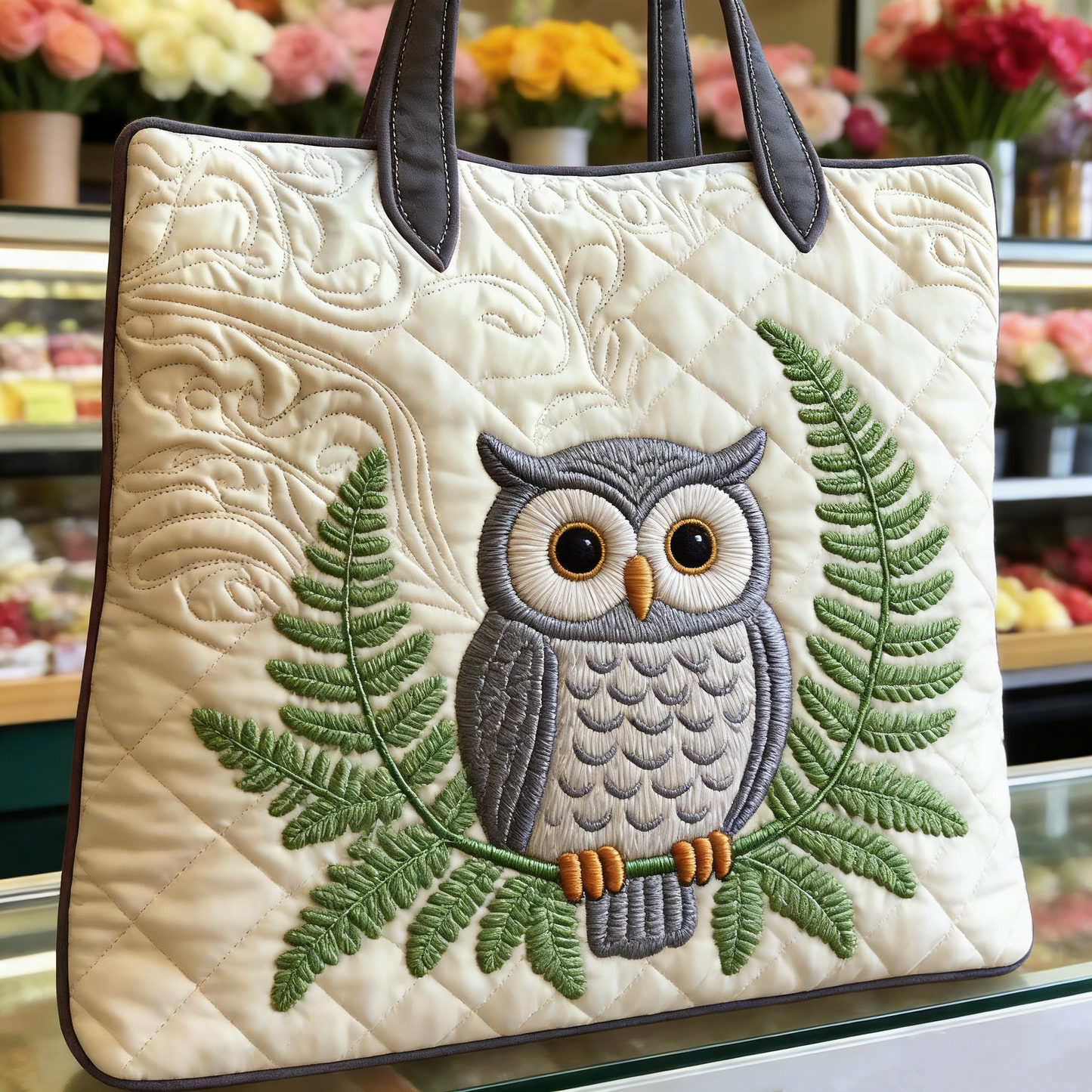 Quilted Owl & Fern Tote Bag