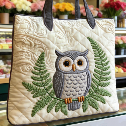 Quilted Owl & Fern Tote Bag Quilted Tote Bag