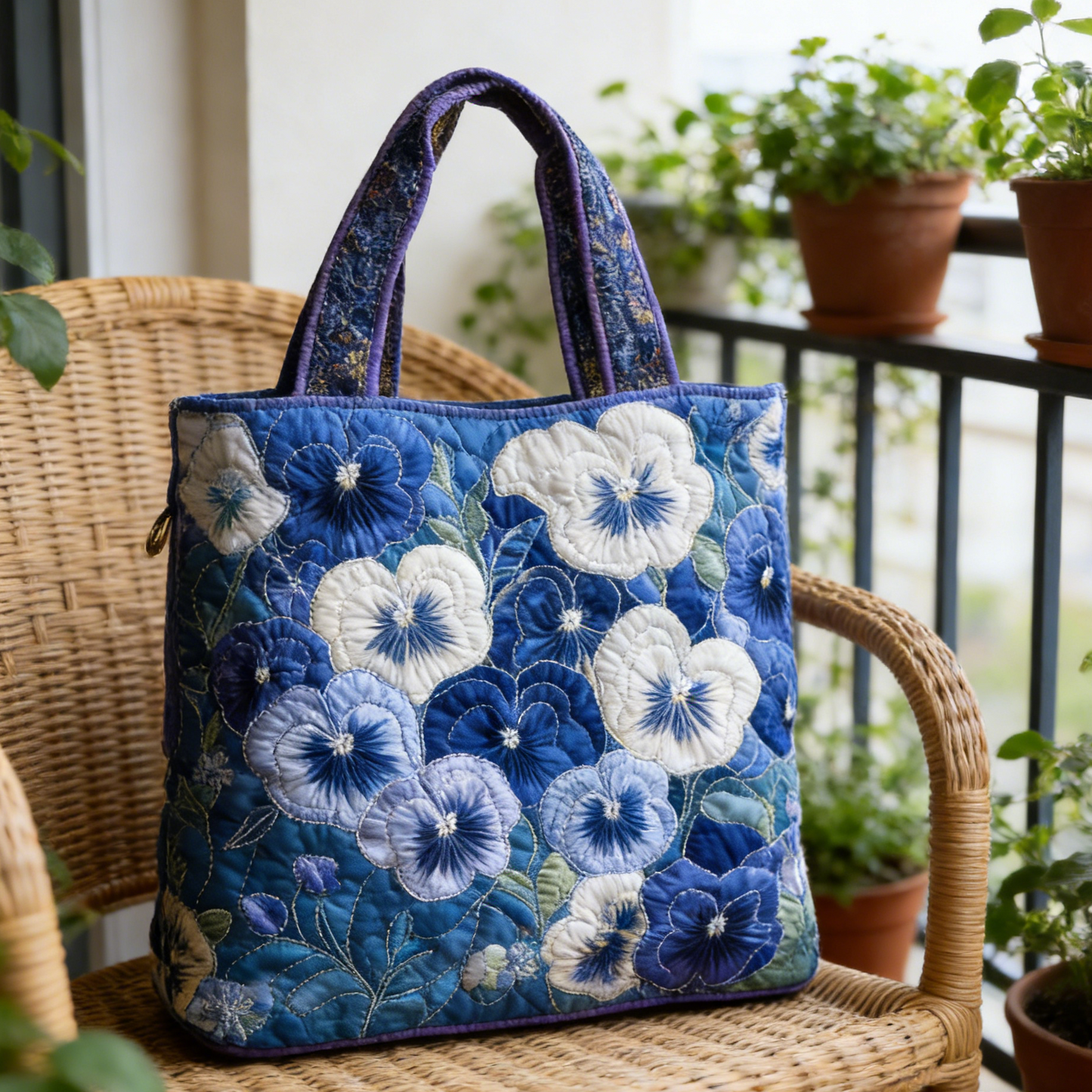 Blue White Pansy Quilted Tote Bag