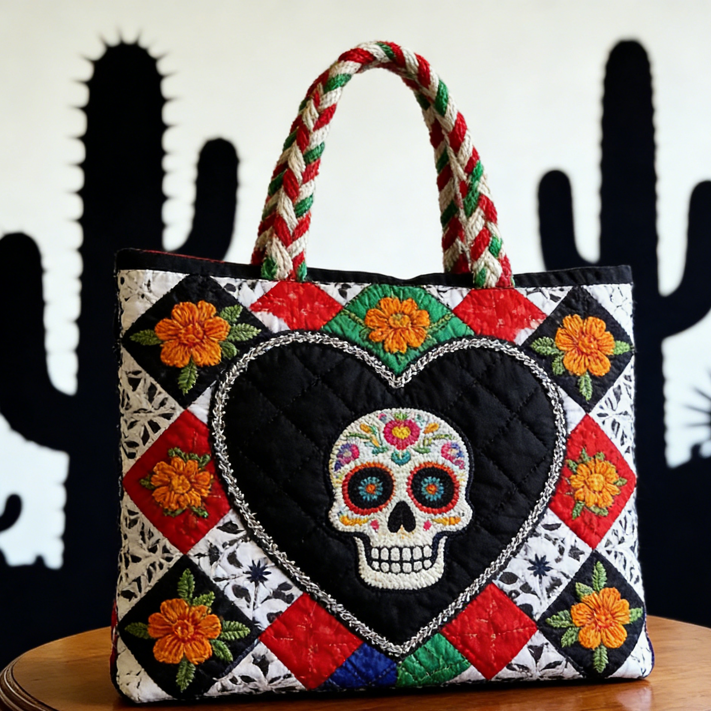 Quilted Mexican Sugar Skull Heart Tote Bag