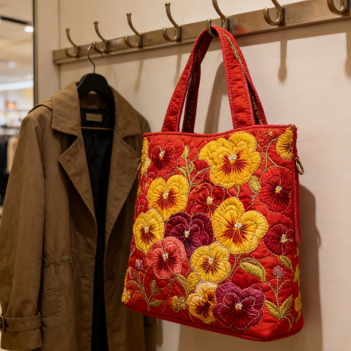 Red Base Pansy Quilted Tote Bag