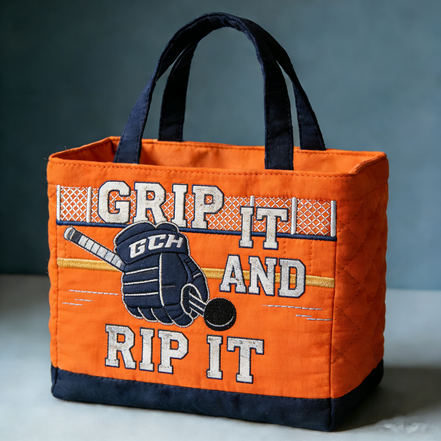 Handmade Quilted Sporty Tote Bag, Hockey Pattern Fabric Shoulder Handbag