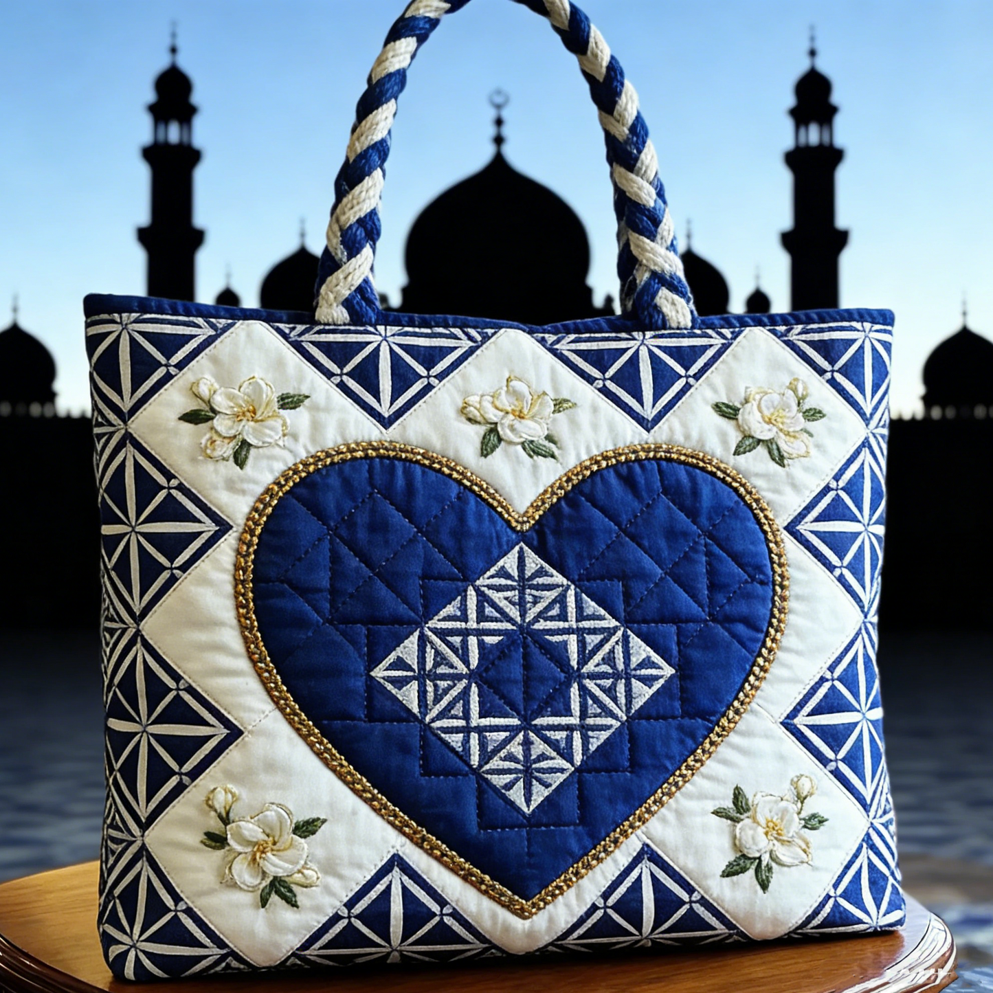 Quilted Islamic Geometric Heart Tote Bag