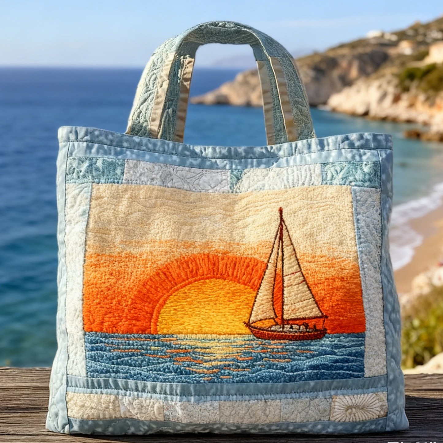 Pale Blue Coastal Quilted Tote Bag