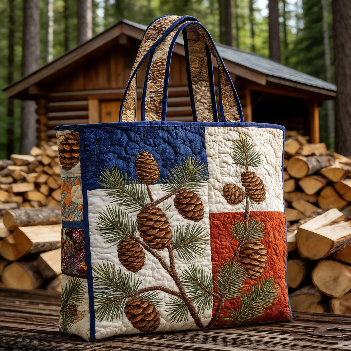 Rustic Pinecone Quilted Tote Bag