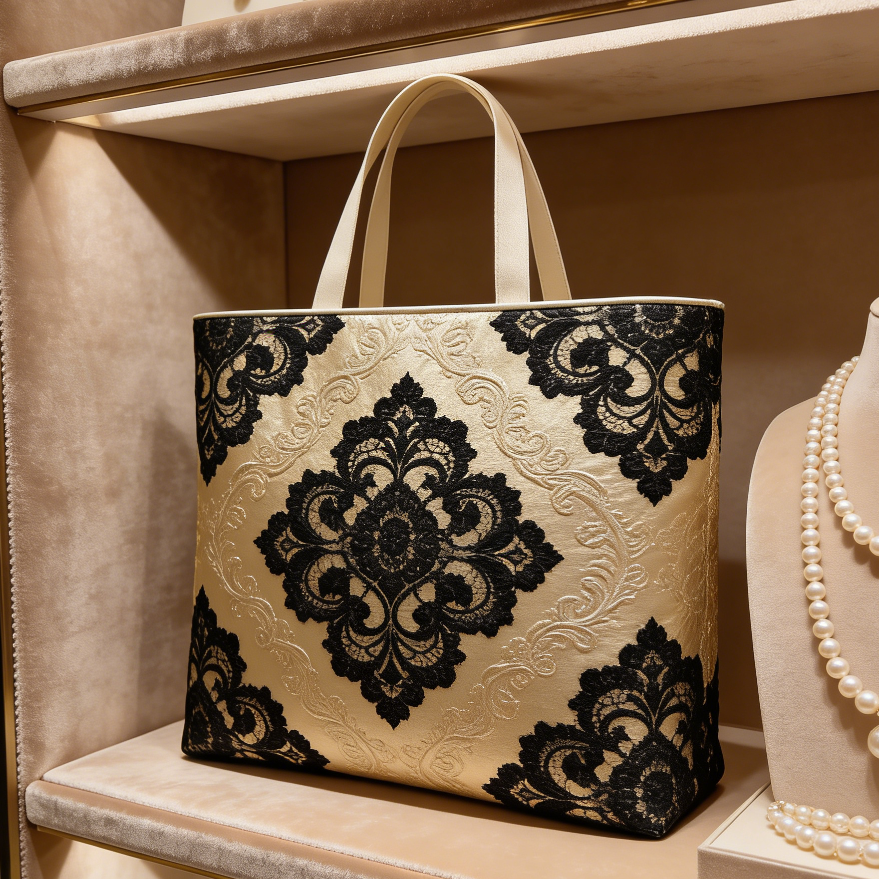 Black Lace Gold Damask Quilted Tote Bag