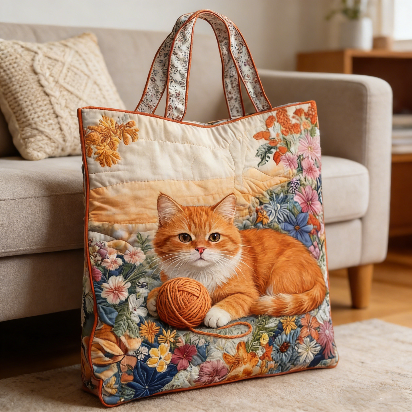 Ginger Cat & Yarn Quilted Tote Bag AbCd1234