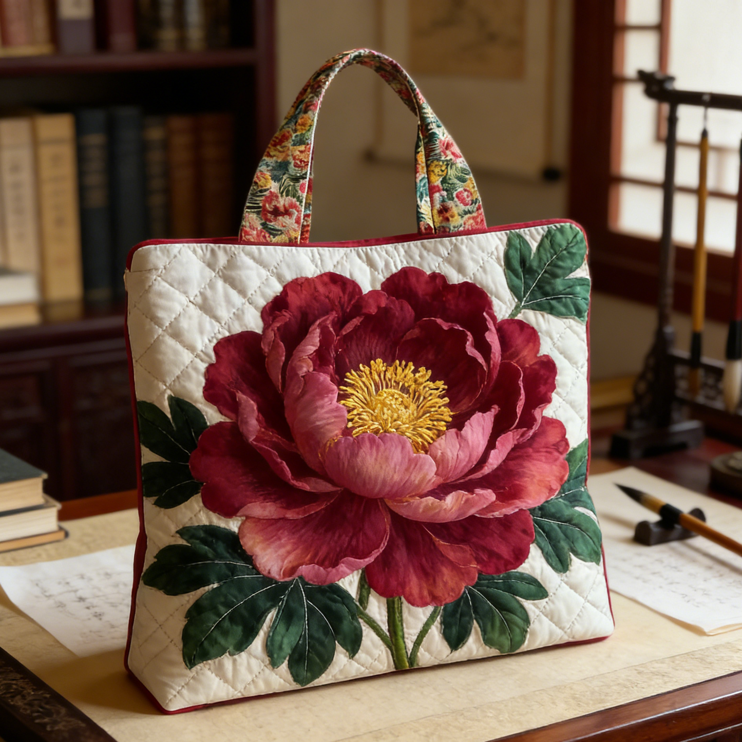 Embroidered Peony Quilted Tote Bag