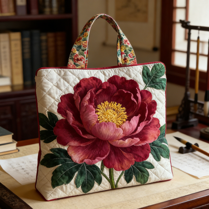 Embroidered Peony Quilted Tote Bag