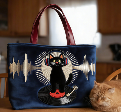 Quilted Music Cat Tote Bag Quilted Tote Bag