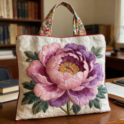 Ombre Peony Embroidery Quilted Tote Bag