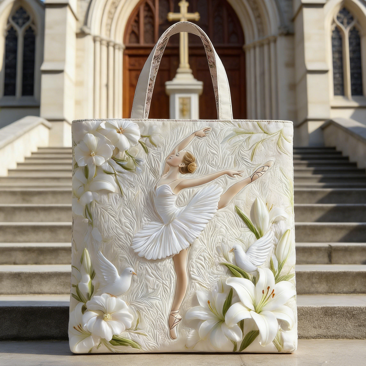 Ivory Lily Ballerina Quilted Tote Bag